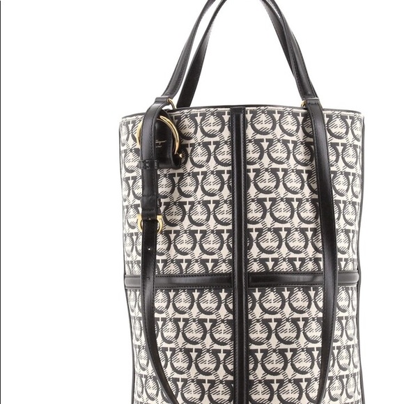 Salvatore Ferragamo Gancini Jacquard Monogram Logo Maxi Canvas Bucket Tote Bag - Picture 5 of 16